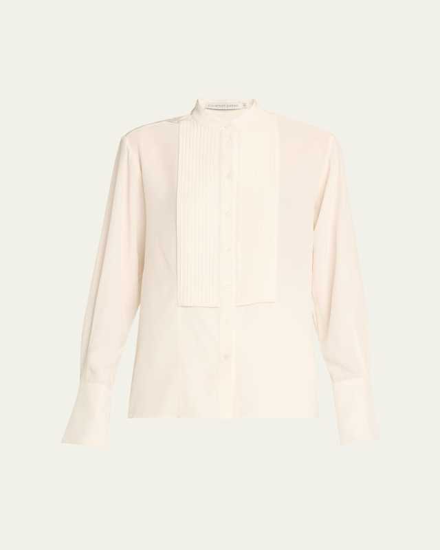 Camille Long-Sleeve Silk Crepe Tuxedo Blous